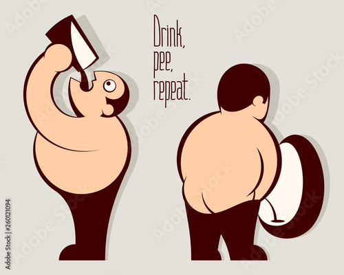 Man drinking beer from a glass, pissing in an urinal. Fat man with a big belly. Funny lettering Drink Pee Repeat. Vector graphic illustration in retro drawing style for Oktoberfest, bar, brewing theme