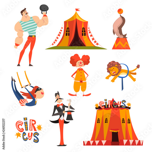 Collection of Circus Characters, Juggling Clown, Animals, Strongman, Magician, Aerial Gymnast Performing in Circus Show Vector Illustration