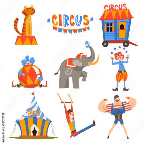 Collection of Circus Characters, Juggling Clown, Animals, Strongman, Aerial Gymnast Performing in Circus Show Vector Illustration