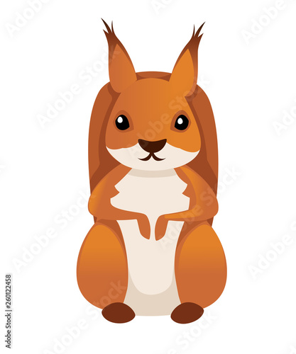 Cute little squirrel sit on floor. Front view. Cartoon animal character design. Flat vector illustration isolated on white background