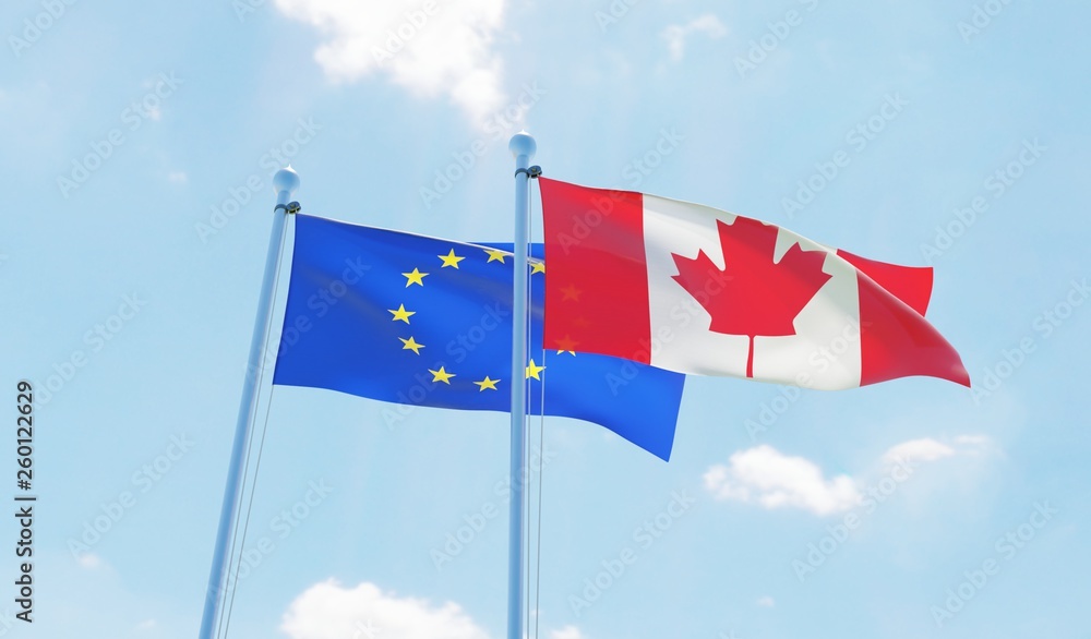 Canada and EU, two flags waving against blue sky. 3d image