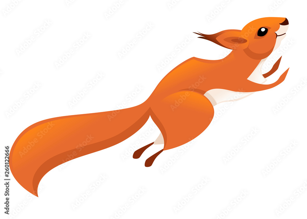 Obraz premium Cute little squirrel jumping up. Side view. Cartoon animal character design. Flat vector illustration isolated on white background
