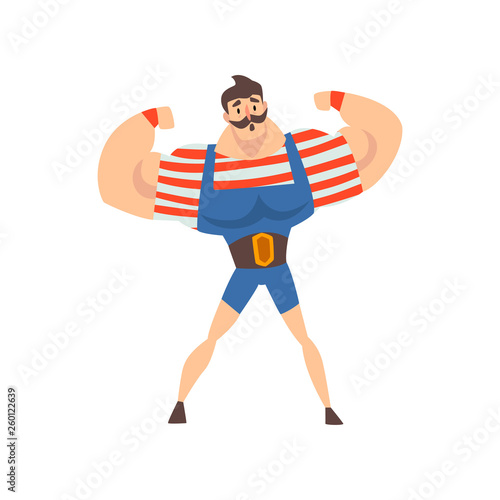 Strong Man Performing in Circus Show, Mustached Muscular Athlete Cartoon Vector Illustration