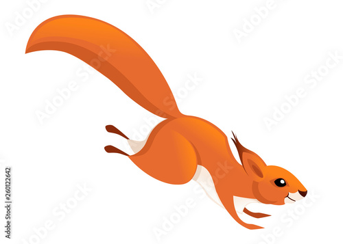 Cute little squirrel jumping down. Side view. Cartoon animal character design. Flat vector illustration isolated on white background