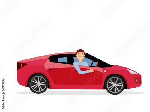 Smiling young man inside his car. Friendly driver at the wheel of car. Side view of Right-hand drive red car.Guy showing thumb up gesture. Isolated Vector flat cartoon illustration on white background
