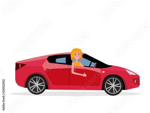 Smiling young woman inside his car. female driver at the wheel of car. Side view of Right-hand drive red car.Girl showing thumb up gesture. Test drive concept.Isolated Vector flat cartoon illustration