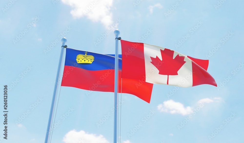 Canada and Liechtenstein, two flags waving against blue sky. 3d image
