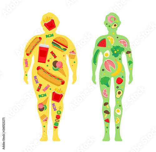 Weight loss concept. The influence of diet on the weight of the person. Before and after diet and fitness. Fat and thin man. Healthy lifestyle, a healthy diet and daily routine. 