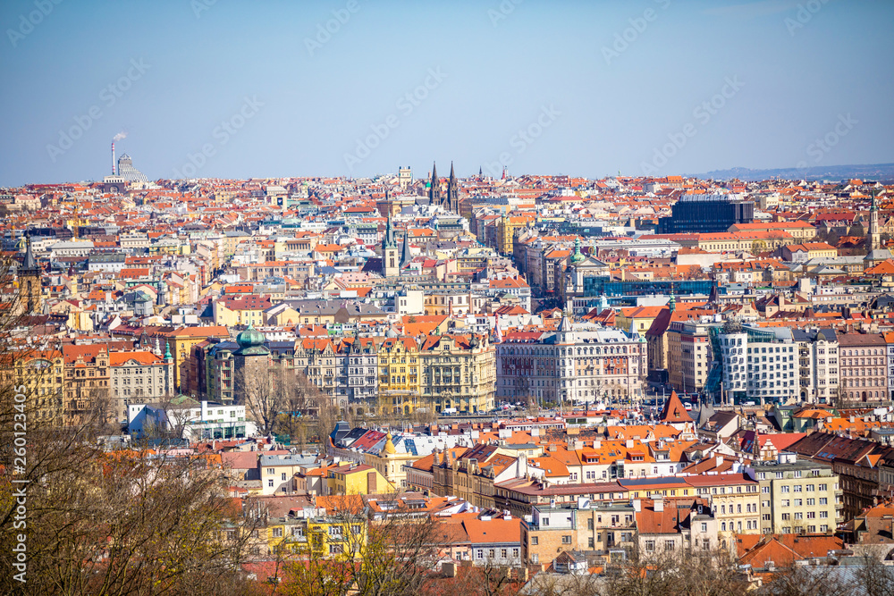Aerial view of Prague rooftops and skyline from Petrin hill, Prague, Czech Republic