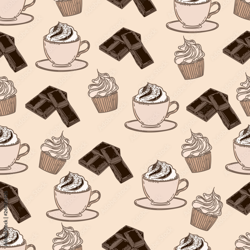 Seamless pattern of cappuccino cake and piece of chocolate. 