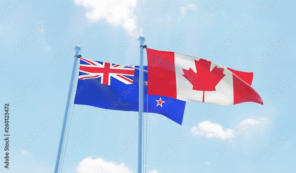 Canada and New Zealand, two flags waving against blue sky. 3d image
