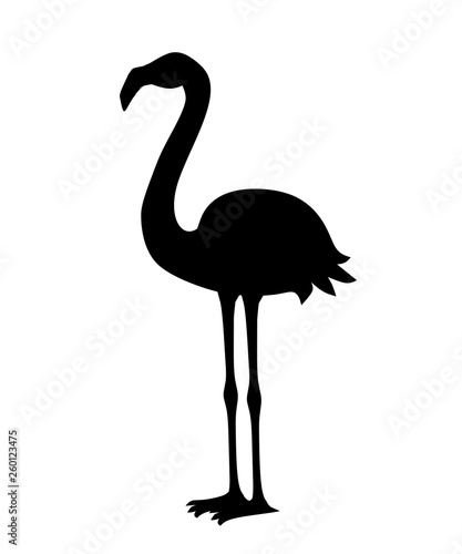 Black silhouette. Cute animal, peach pink flamingo. Cartoon animal character design. Flat vector illustration isolated on white background. Flamingo standing on two legs