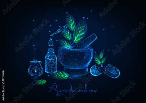 Ayurvedic medicine concept with mortar, leaves, essential oil, herbal pills and aromalamp.
