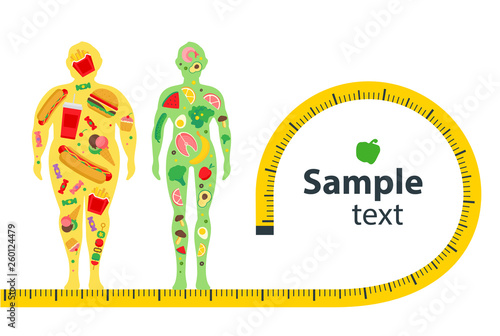 Weight loss concept. Before and after diet and fitness. Fat and thin man. Healthy lifestyle, a healthy diet and daily routine. Diet. Blank space for your content, template.