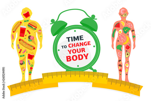 Weight loss concept. Time to change your body. Before and after diet and fitness. Fat and thin man. Healthy lifestyle, a healthy diet and daily routine. 