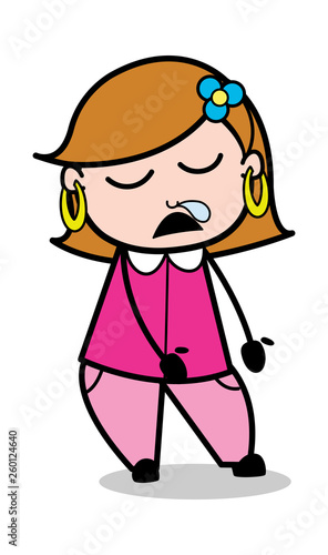 Sleepy - Retro Cartoon Female Housewife Mom Vector Illustration