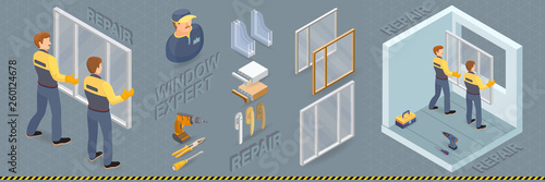 Window installing service. Isometric concept. Worker, equipment.