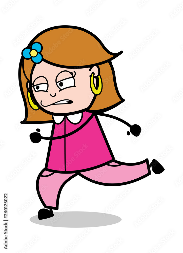 Running in Aggression - Retro Cartoon Female Housewife Mom Vector Illustration Running in Aggression - Retro Cartoon Female Housewife Mom Vector Illustration