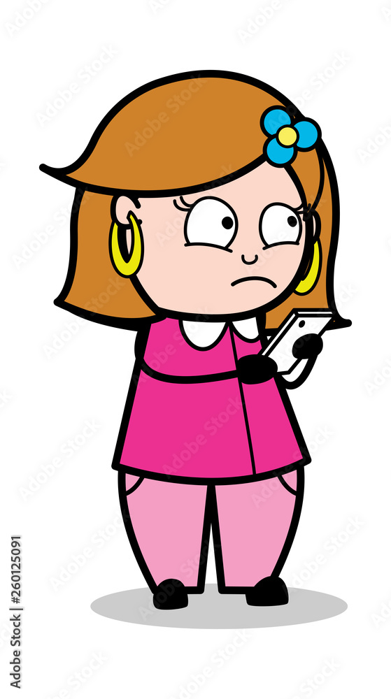Using Smartphone - Retro Cartoon Female Housewife Mom Vector Illustration Using Smartphone - Retro Cartoon Female Housewife Mom Vector Illustration