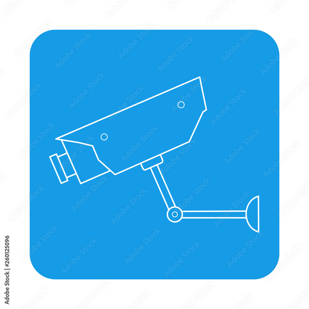 Icono plano lineal cámara de vigilancia en cuadrado color azul Icono plano lineal cámara de vigilancia en cuadrado color azul
