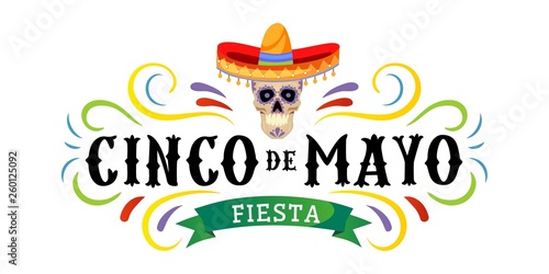 Cinco de mayo vector greeting card with scull, traditional mexican hat and flourish elements. 5 may mexican holiday colorful greeting card. Vector illustration