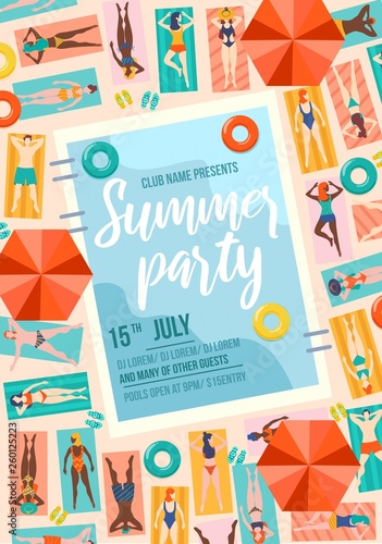 Summer party trendy poster with pool and people. Summer sale or invitation design template. People on vacation travel concept.Vector illustration