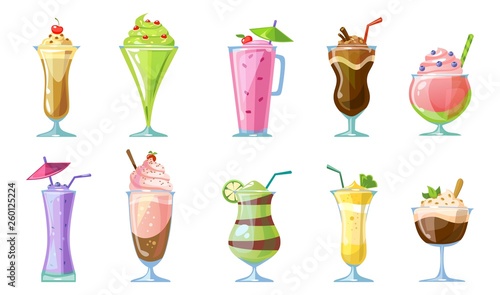 Summer milkshake collection.Delicious non-alcoholic cocktails and milkshakes isolated on white background. Chocolate, strawberry, banana, kiwi,berries beverages. Fruit smoothies vector set.