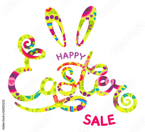 Hand drawn Happy Easter sale lettering on white background. Cute vector illustrations in bright colors for stickers, tags, labels.