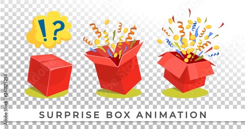 Surprise box animation vector illustration. Vector red box with coins, confetti and ribbons. Festive surprise box for ui, web, print design etc. Vector box set with confetti.