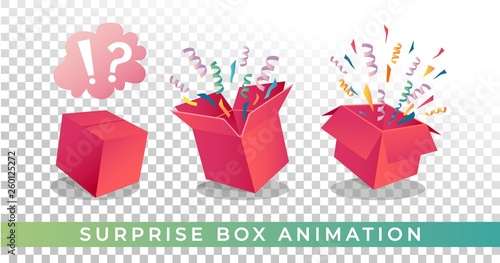 Surprise box animation vector illustration. Vector red box with confetti and ribbons. Festive surprise box for ui, web, print design etc. Vector box with confetti. photo