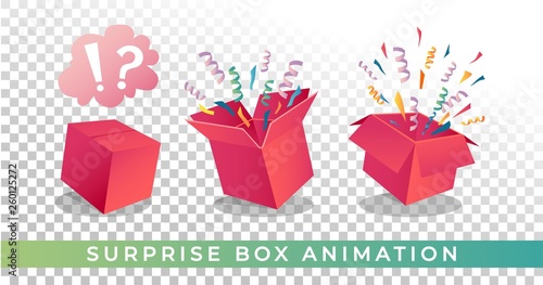 Surprise box animation vector illustration. Vector red box with confetti and ribbons. Festive surprise box for ui, web, print design etc. Vector box with confetti.
