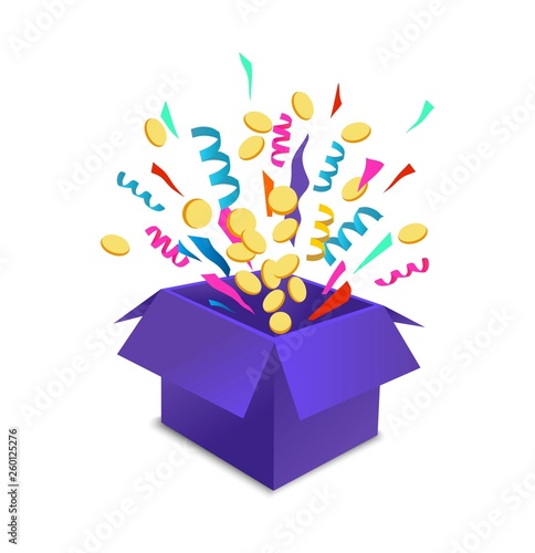 Surprise box animation vector illustration. Vector red box with coins, confetti and ribbons. Sale and discount surprise box for ui, web, print design etc. Vector box set with confetti.