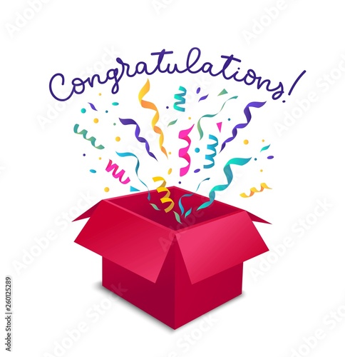 Congratulations greeting card with open gift box, ribbons and confetti isolated on white backgrounds. Vector gift concept. Surprise box illustration design.