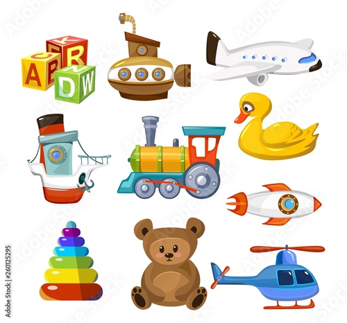 Cartoon baby toys set. Colorful and cute toys for little kid. Childhood objects airplane train ship animal helicopter submarine teddy bear etc. Preschool children games concept. Vector childhood set.