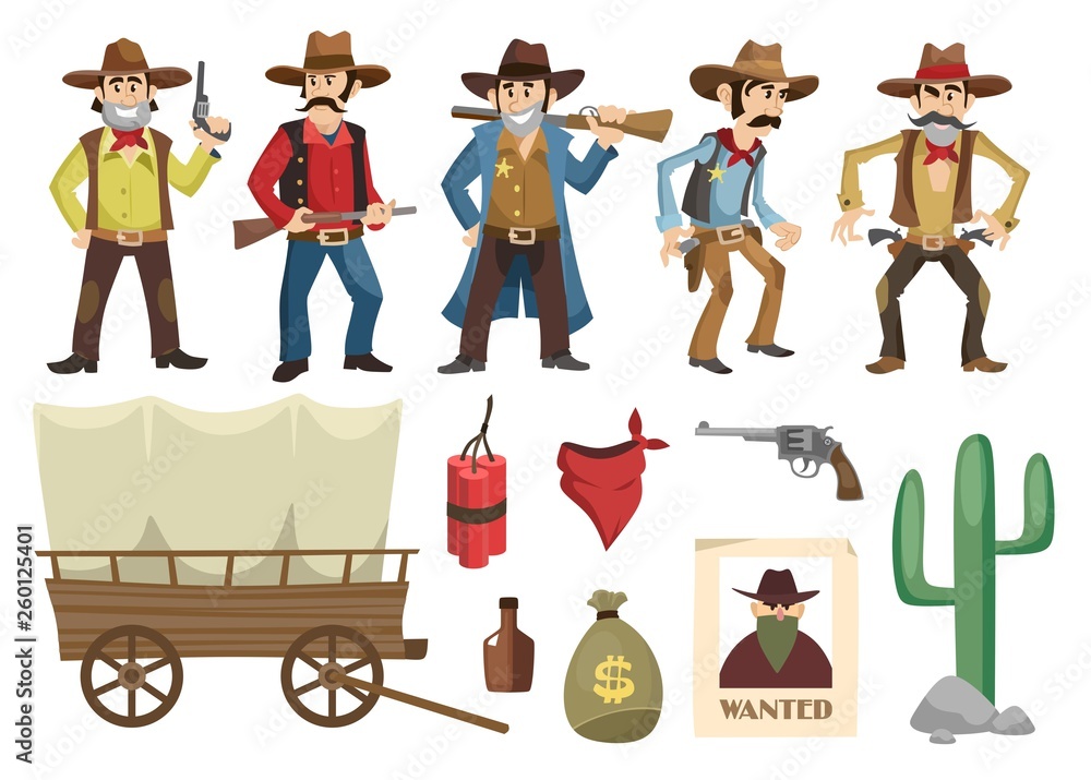 Naklejka premium Cowboys set. Western retro people with different weapons and emotions isolated on white background. Vector wild west elements collection