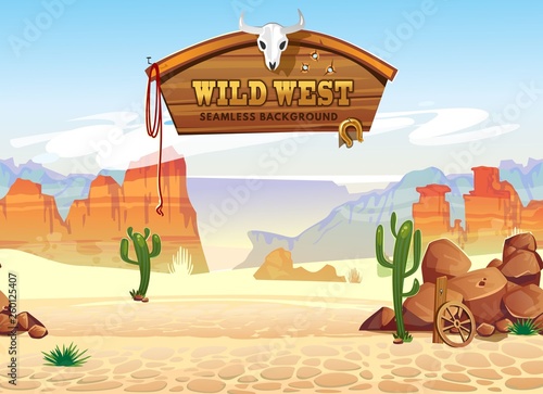 Wild west seamless pattern with mountains and cacti. Retro western background for games, ui, posters etc. Vector wild west illustration
