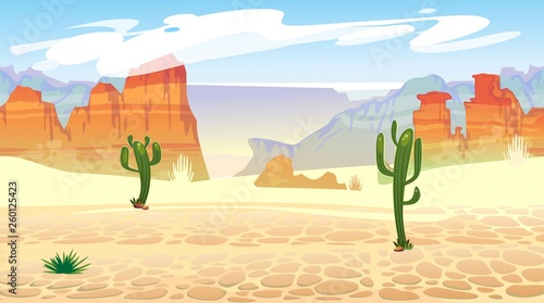Wild west seamless pattern with mountains and cacti. Retro western background for games, ui, posters etc. Vector wild west illustration