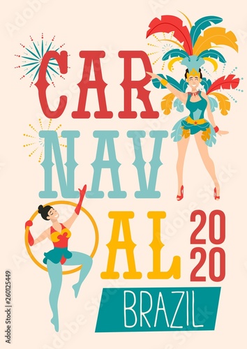 Carnaval poster design template.Brazil festival colorful greeting card or invitation. Carnaval Concept with women in festive costumes and fireworks. Vector carnaval illustration.