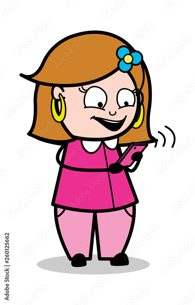Happy Messaging - Retro Cartoon Female Housewife Mom Vector Illustration