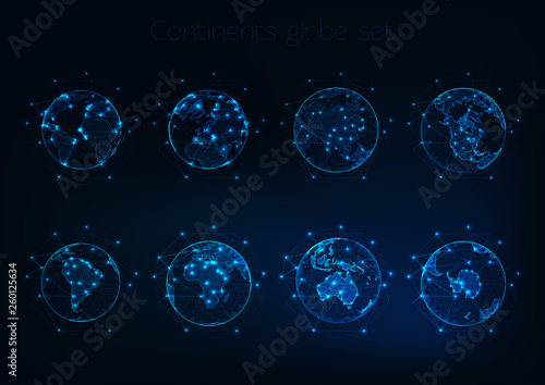 Set of glowing low polygonal globes shows planet Earth with different continents outlines.