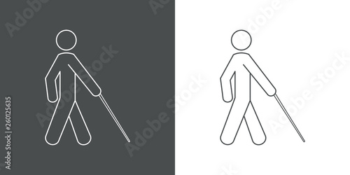 Icono plano lineal ciego andando con bastón en gris y blanco