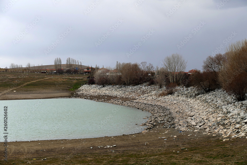 agricultural pond landscape, water descending pond, arid seasons reduced water,