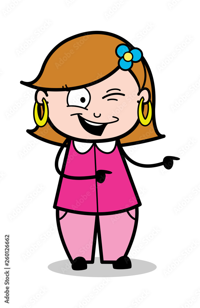 Pointing with Winking Eye - Retro Cartoon Female Housewife Mom Vector Illustration
