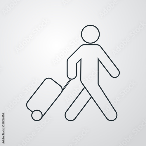 Icono plano lineal turista con maleta en fondo gris