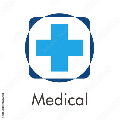 Logotipo abstracto con texto Medical con cruz con marco en espacio negativo en color azul