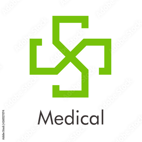 Logotipo abstracto con texto Medical con cruz lineal en espacio negativo en color verde
