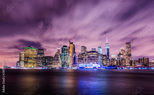 Manhattan panoramic skyline at night. New York City  USA. Office buildings and skyscrapers at Lower Manhattan  Downtown Manhattan ..