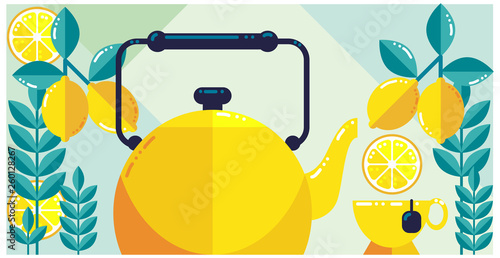 Flat vector yellow kettle and cup of lemon tea surrounded by fresh lemons, leaves and slices