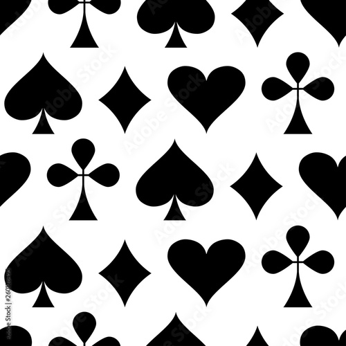 Casino gambling theme. Seamless pattern with playing card suits. Poker card suits - heart, club, spade and diamonds. Black silhouettes on white background. Vector illustration