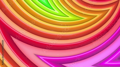 Abstract 3d seamless bright background in 4k with rainbow tapes. Rainbow multicolored stripes move cyclically in simple geometry cartoon creative style. Looped smooth animation. 20